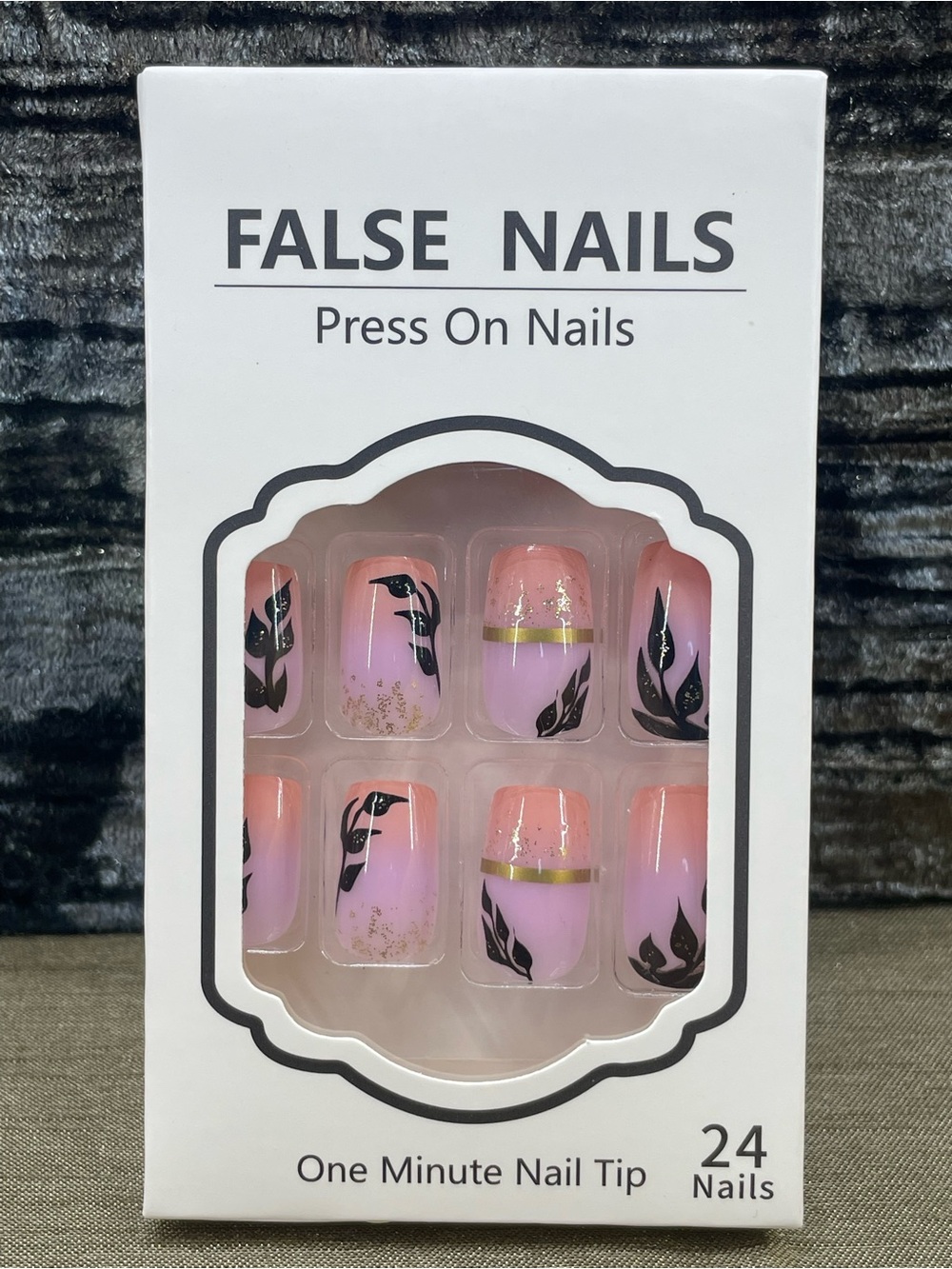 False Nails Pink-Orange Gradient Press-On Nails with Black Leaf Floral Design